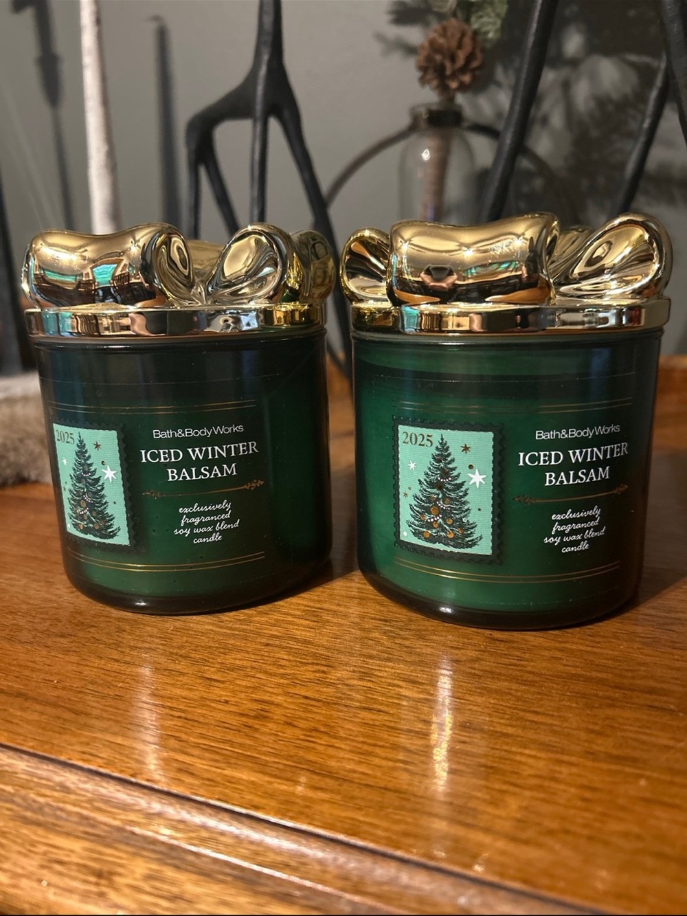 Bath & Body Works Green Iced Winter Balsam Candles with Gold Lids (Pair)